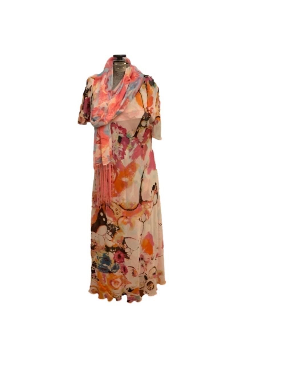 Women's reversible Floral Maxi Dress in Pink and Orange with matching scarf